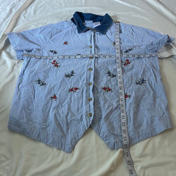 Vtg Y2K 2000s Blue Pinstripe Floral Embroidered Cottagecore Top Plus Sz 18W - Picture 7 of 7